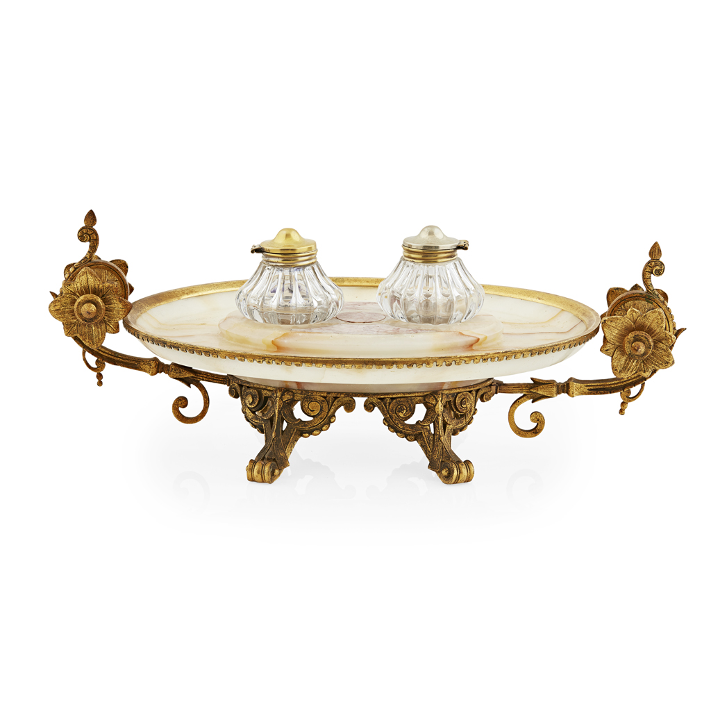 Appraisal: ROYAL INTEREST - GILT BRONZE MARBLE AND ONYX INKSTAND RETAILED