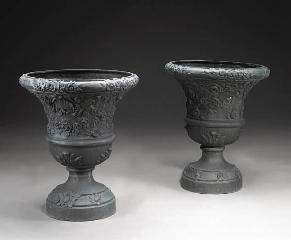 Appraisal: A pair of French cast iron garden urns J J