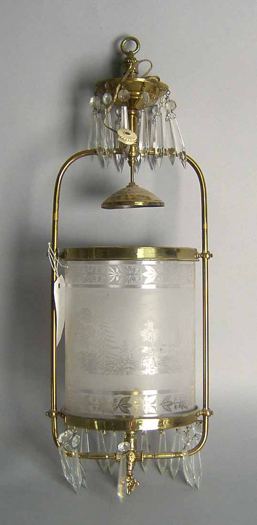 Appraisal: Gilt metal gasolier with etched glass shade h