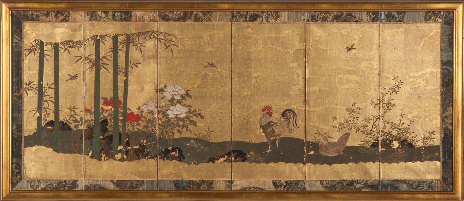 Appraisal: Japanese Painted Gold Leafed Table Screen With needlework border