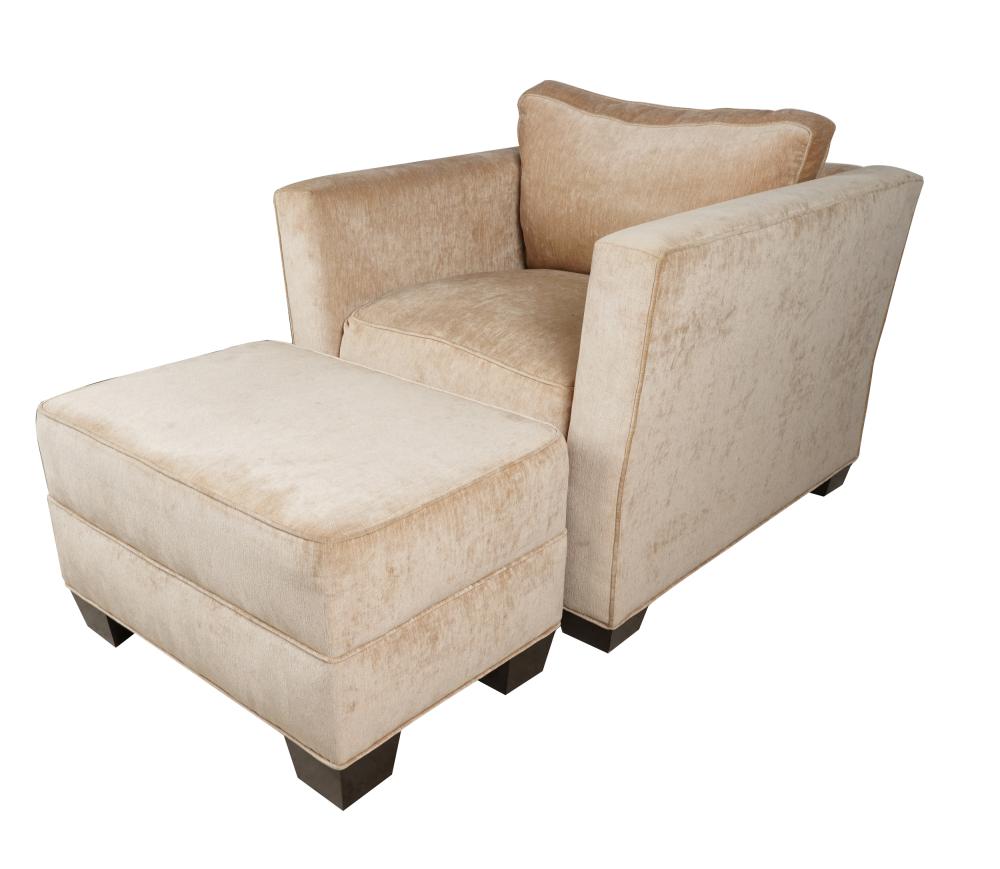 Appraisal: UPHOLSTERED CLUB CHAIR OTTOMANcovered in beige velour inches wide inches