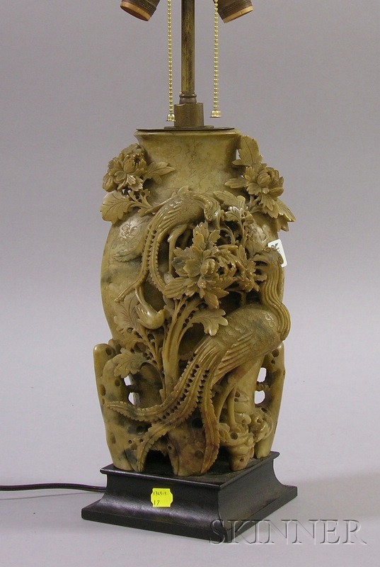 Appraisal: Carved Asian Soapstone Lamp with floral a bird carvings on