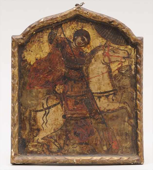 Appraisal: RUSSIAN PAINTED WOOD ICON Representing St George slaying the dragon