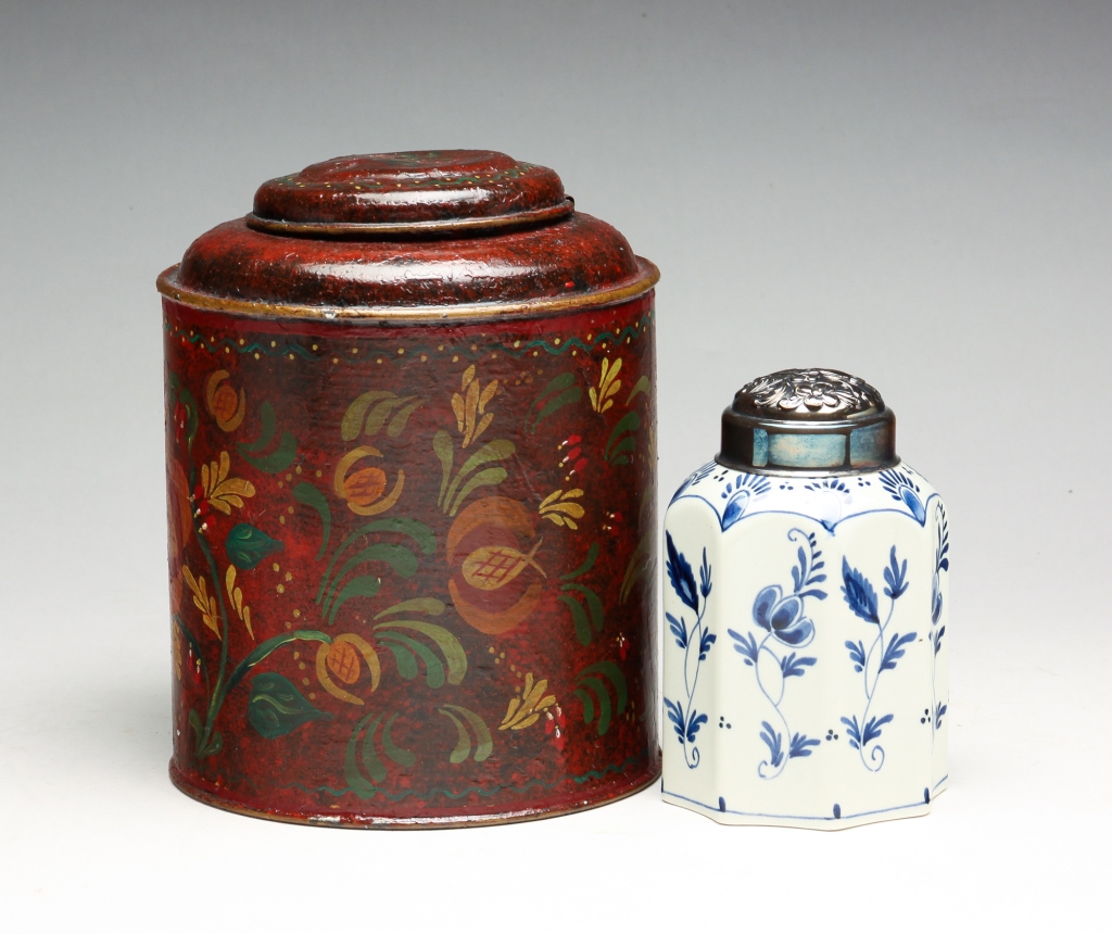 Appraisal: TWO TEA CADDIES Twentieth century One is Delft with silver-plated