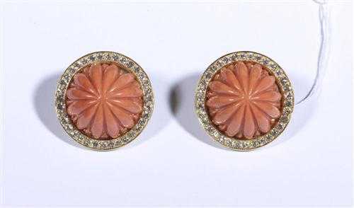 Appraisal: CORAL AND DIAMOND PENDANT EARRINGS Yellow gold Casual-elegant pendant stud