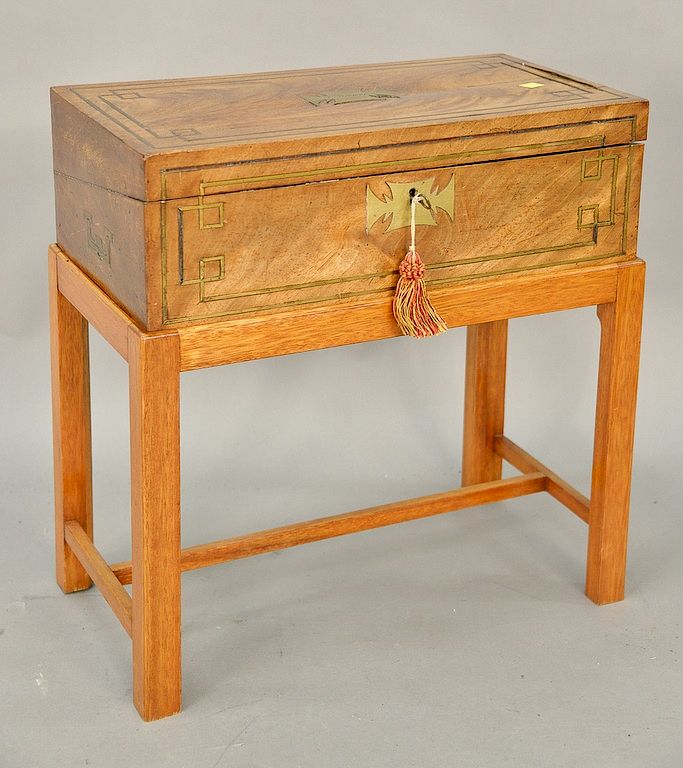 Appraisal: Mahogany lap desk on stand with brass inlays slight brass