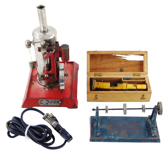 Appraisal: TOYS Miniature steam engine and microscope Empire Metal Ware Corp