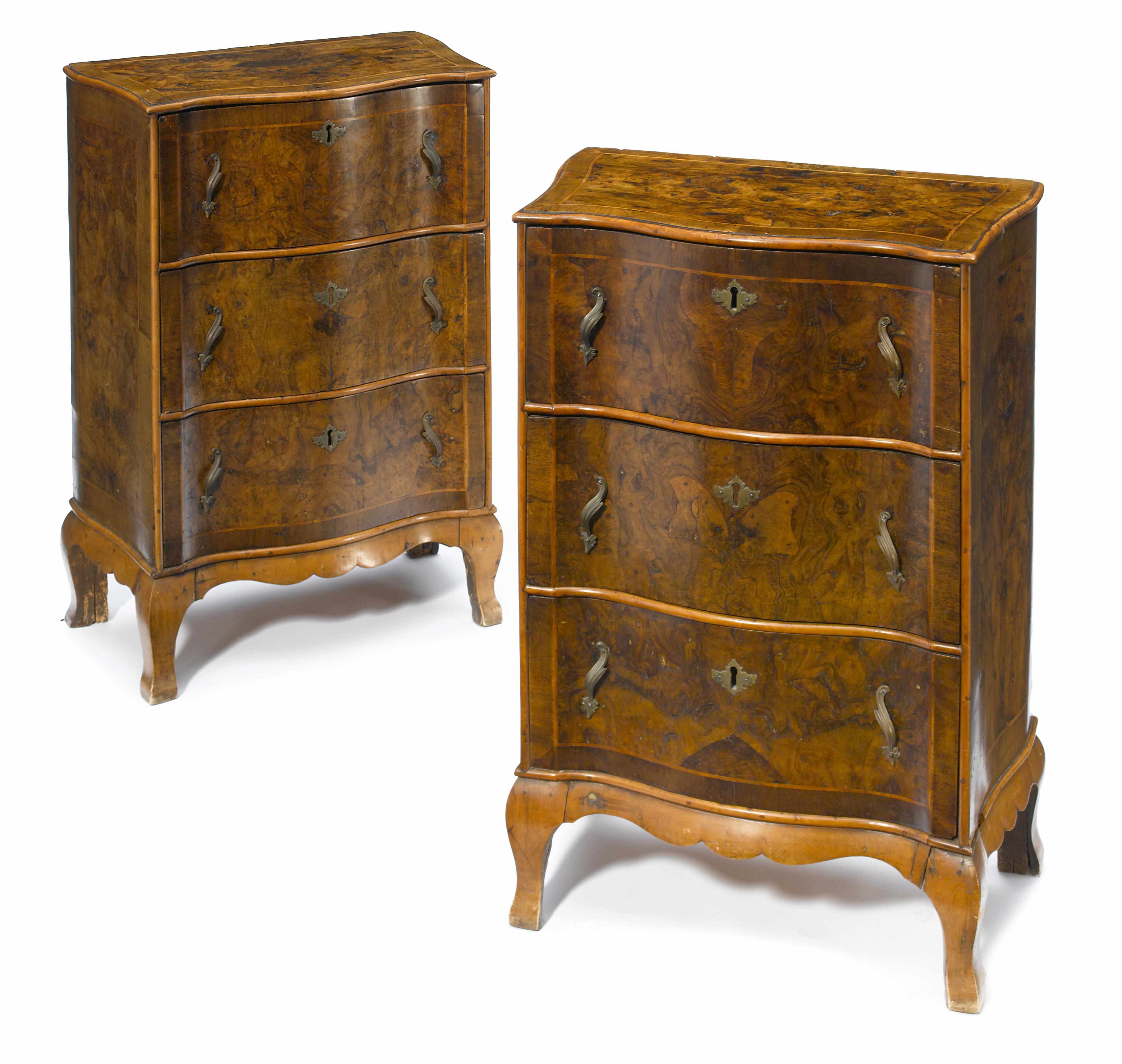 Appraisal: A pair of Italian Rococo inlaid walnut and fruitwood commodini