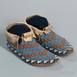 Appraisal: Cheyenne Beaded Hide Moccasins c with a multicolored checkered chevron