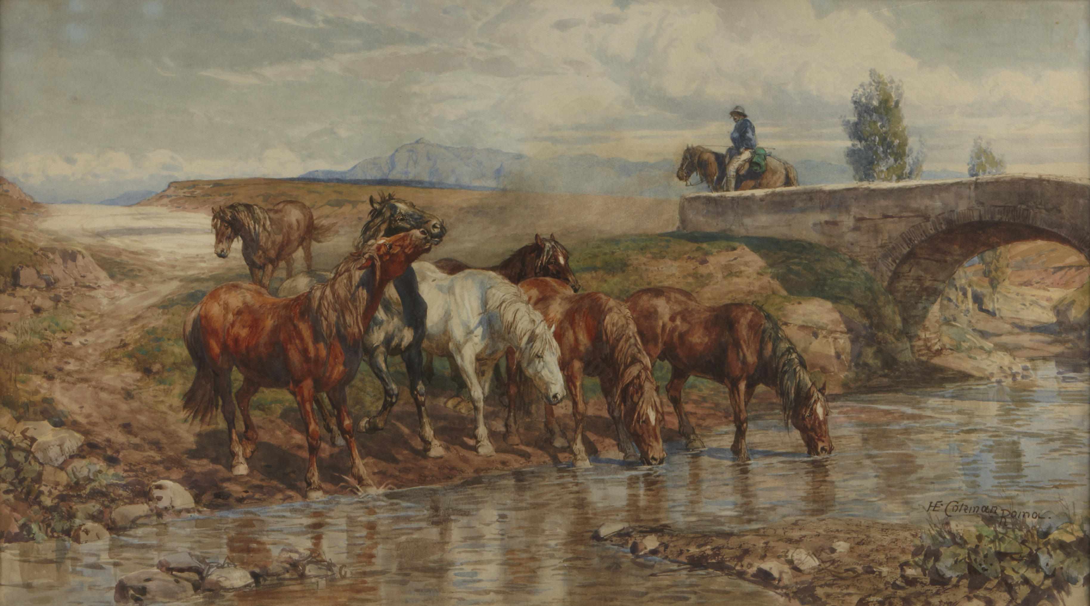 Appraisal: Attributed to Enrico Coleman Italian - Horses at the Stream