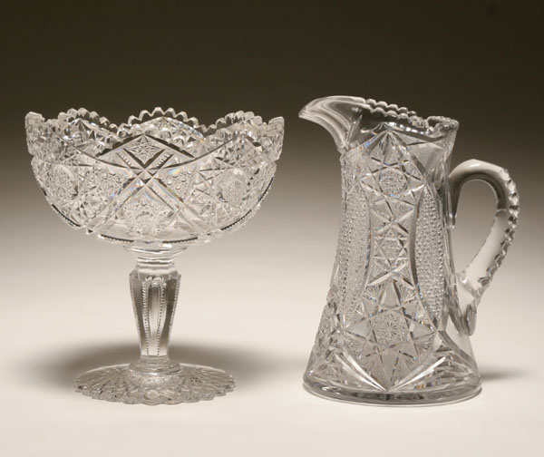 Appraisal: Two cut glass pieces pitcher and compote Pitcher H Pitcher