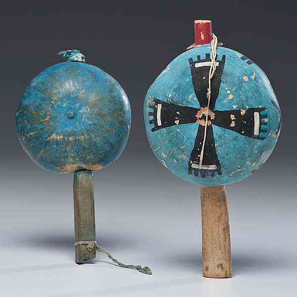 Appraisal: Hopi Painted Gourd Rattles lot of both decorated with blue