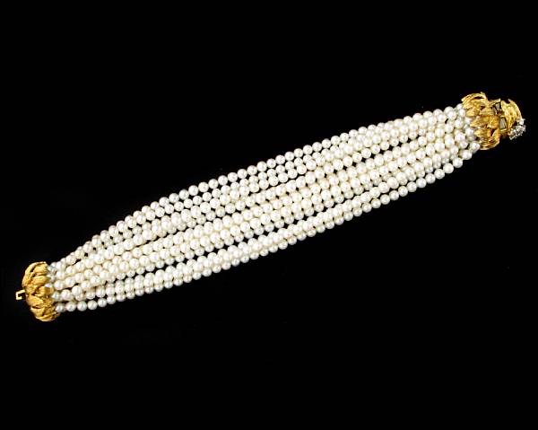 Appraisal: A cultured pearl diamond and k gold torsade bracelet measures