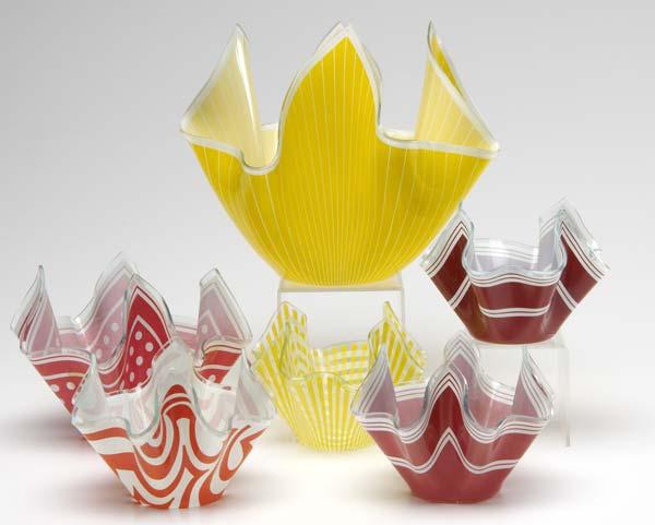 Appraisal: CHANCE GLASS England Six glass handkerchief bowls with colorful screenprinted