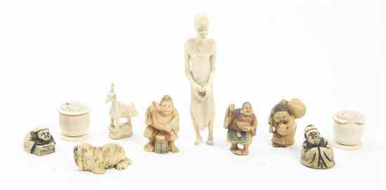 Appraisal: Ten Carved Ivory Articles comprising five figural netsuke and a