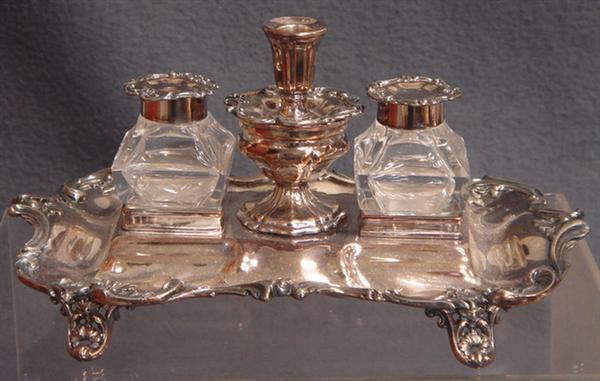 Appraisal: Plated silver inkstand candleholder crystal inkwells long unmarked Estimate -