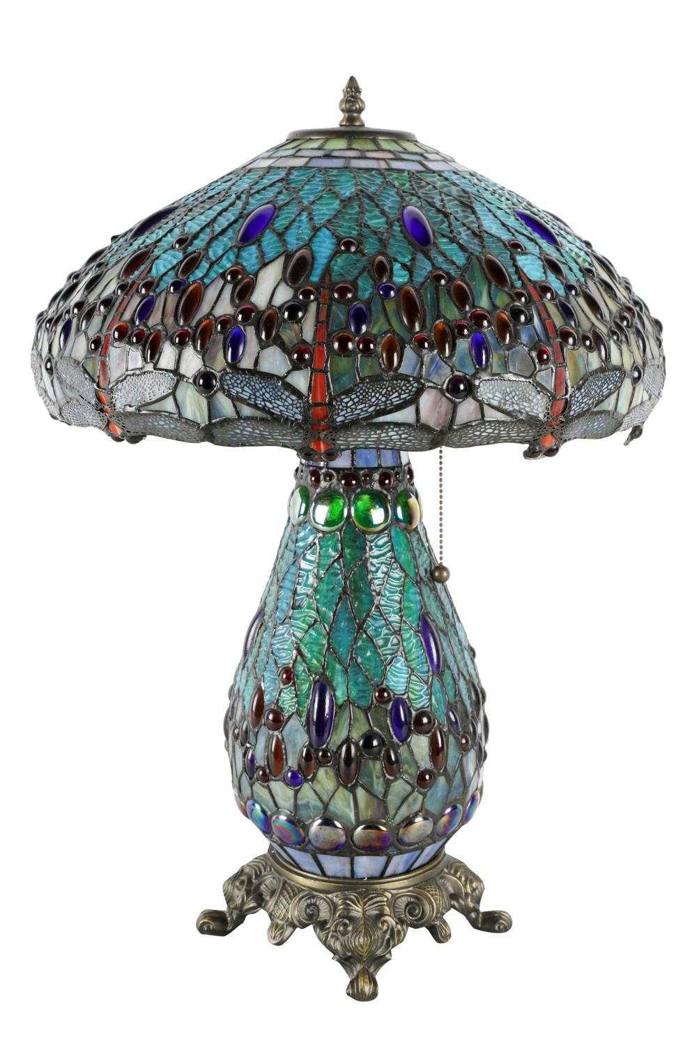 Appraisal: TIFFANY-STYLE GLASS TABLE LAMPmodern with dragonfly motifs mounted on a