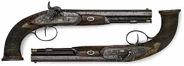 Appraisal: German Pair of Percussion Dueling Pistols caliber smoothbore octagonal barrels