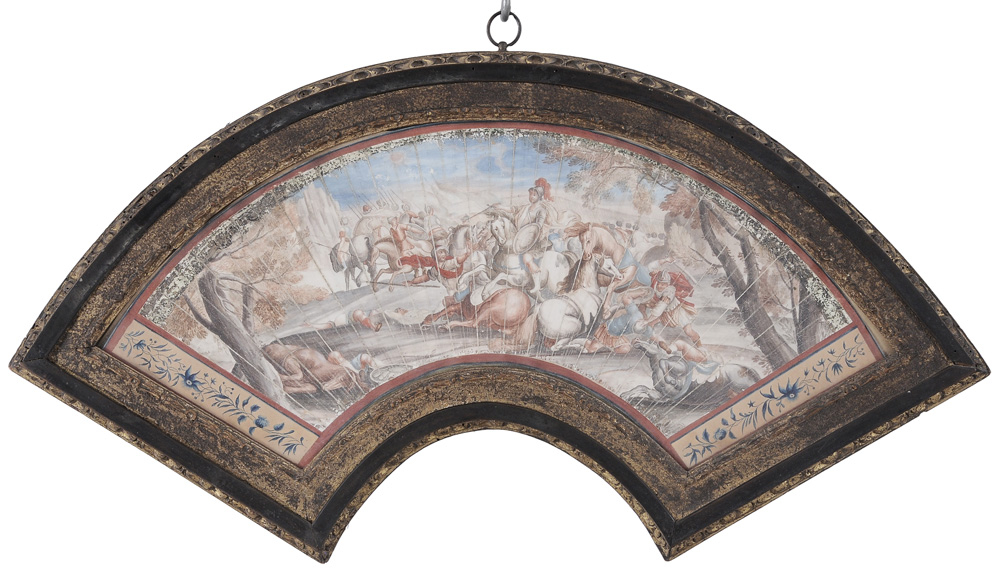 Appraisal: th Century Continental Fan panel with central battle scene flanked