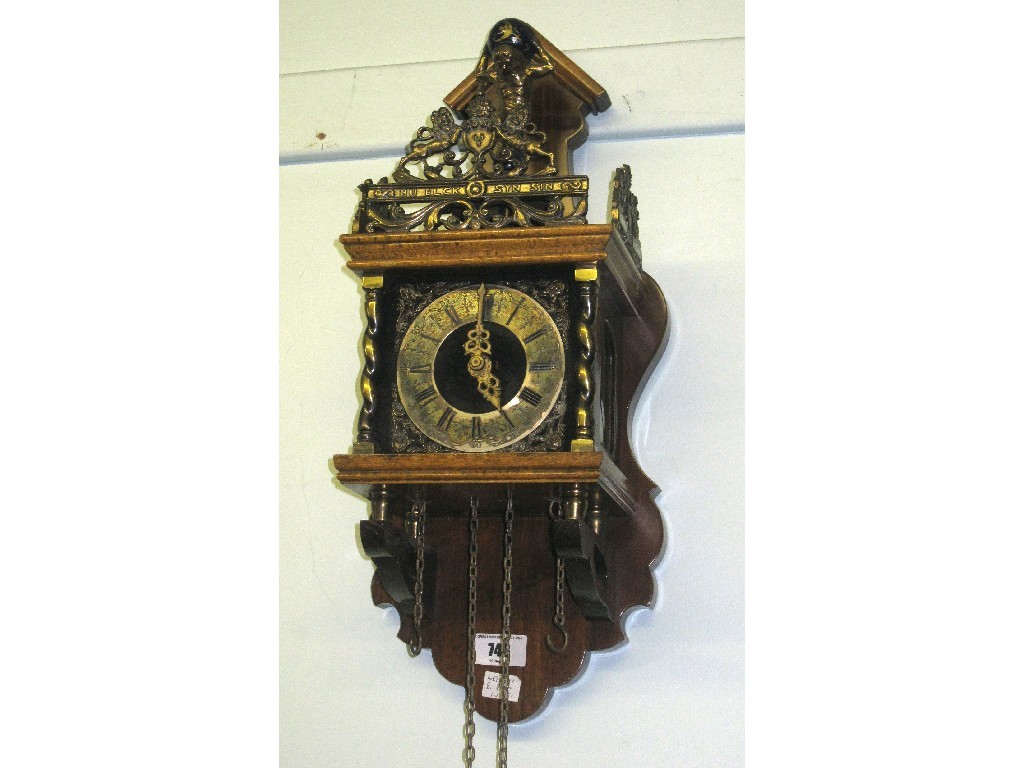 Appraisal: Reproduction oak cased wall clock weights and pendulum in office