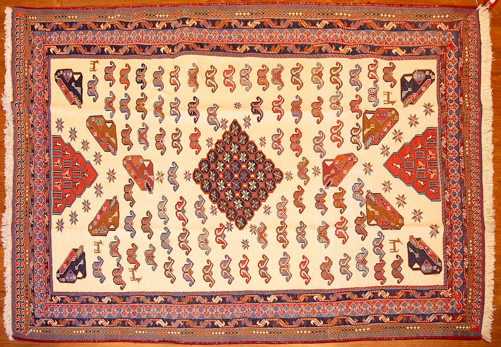 Appraisal: Turkish Soumak Rug x hand woven wool foundation Condition Arbrush