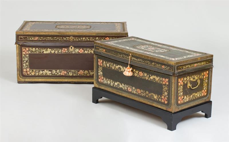 Appraisal: TWO CHINESE EXPORT METAL-MOUNTED PAINTED PIG SKIN TRUNKS The small