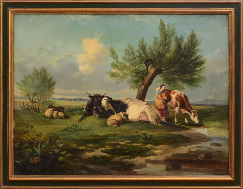 Appraisal: EUROPEAN SCHOOL MAID WITH COWS IN A LANDSCAPE Oil on