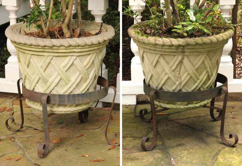 Appraisal: Pair of Cast Stone Plantersbasket form with rolled and gadrooned