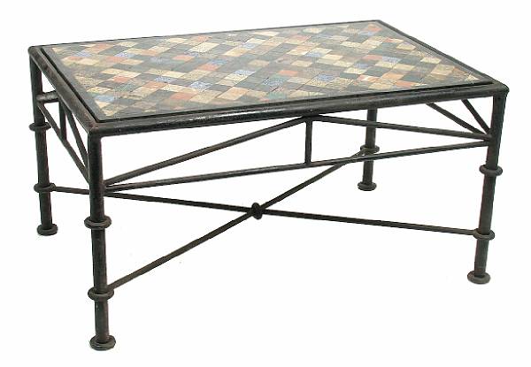 Appraisal: An inlaid marble and wrought metal low table height in