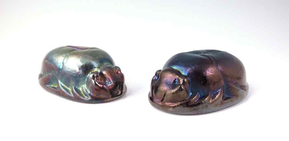 Appraisal: STUDIO IRIDESCENT ART GLASS SCARAB PAPERWEIGHTS Unmarked '' h x