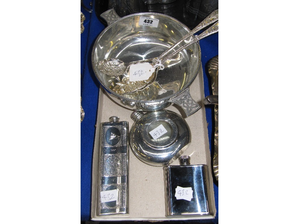 Appraisal: Lot comprising Quaich berry spoons and three hip flasks