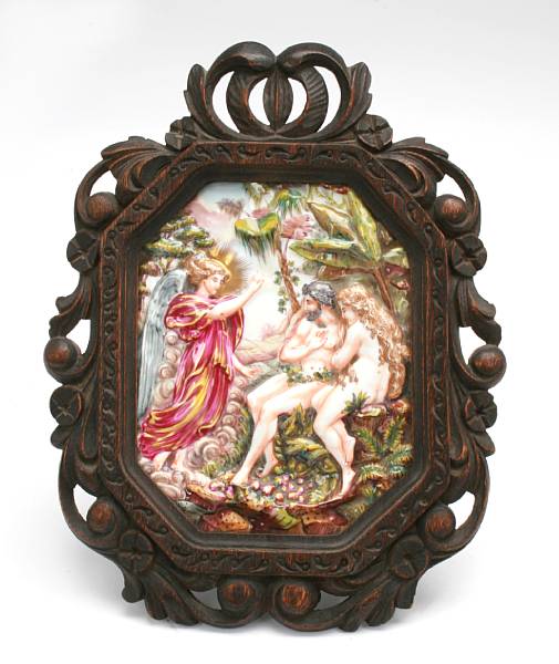 Appraisal: A Capodimonte porcelain plaque depicting Adam and Eve mounted in