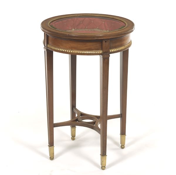 Appraisal: PETITE VITRINE TABLE x Round display compartment table with metal