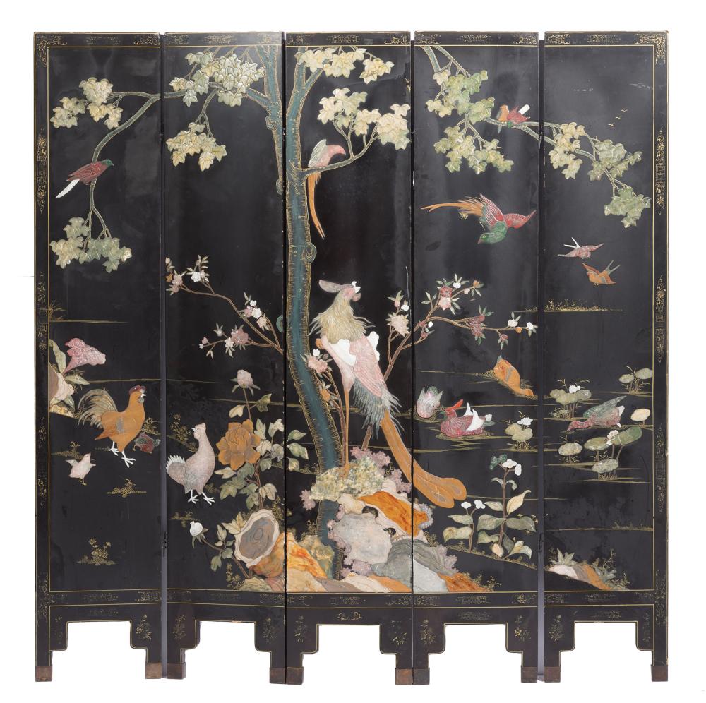 Appraisal: Chinese Soapstone Embellished Black Lacquer Five Panel Screen late th