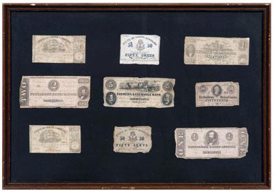 Appraisal: Nine pieces Confederate currency three South Carolina Farmers amp Exchange