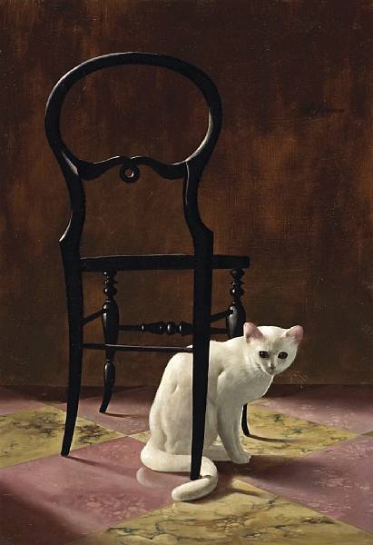 Appraisal: Al Proom American - White Cat with Chair oil on