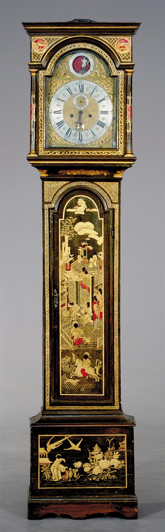 Appraisal: English chinoiserie tall case clock circa green and gold chinoiserie-decorated