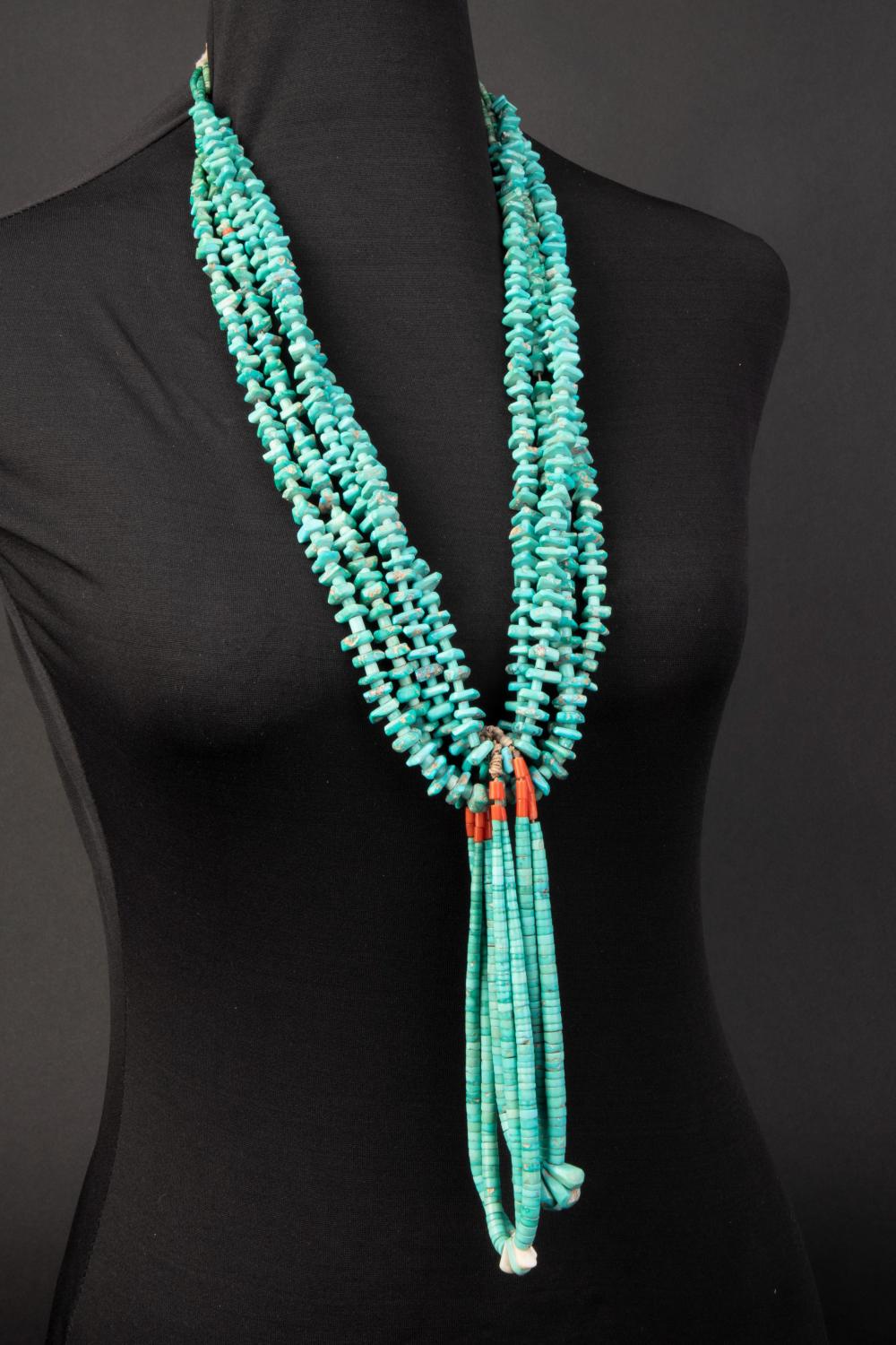 Appraisal: PUEBLO FOUR STRAND TURQUOISE TAB NECKLACE WITH JAKLAS CA Pueblo