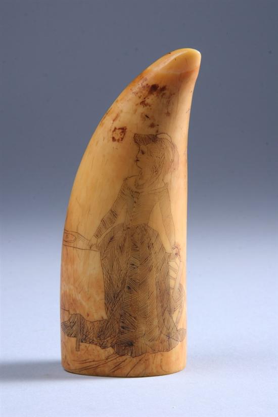 Appraisal: SCRIMSHAW DECORATED WHALE'S TOOTH Victorian couple reversing to Victorian lady