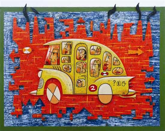 Appraisal: Jeff Raglus born Bus No impasto acrylic on timber relief