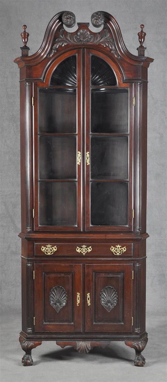 Appraisal: Colonial Revival Mahogany Corner Cupboard Circa Two piece construction Gooseneck