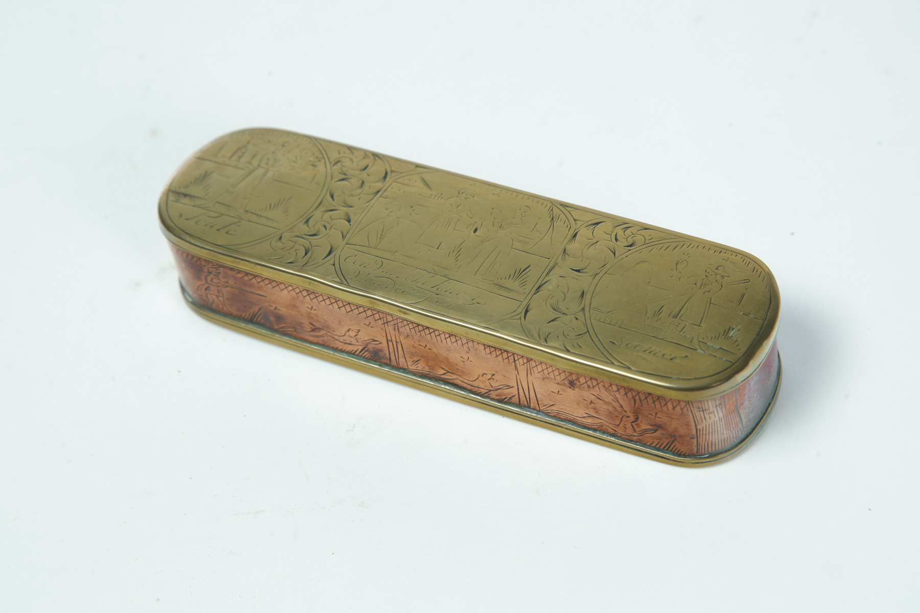 Appraisal: DUTCH TOBACCO BOX Eighteenth century brass and copper Engraved hunt