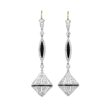 Appraisal: Pair of Art Deco Diamond and Black Enamel Pendant-Earrings Estimate