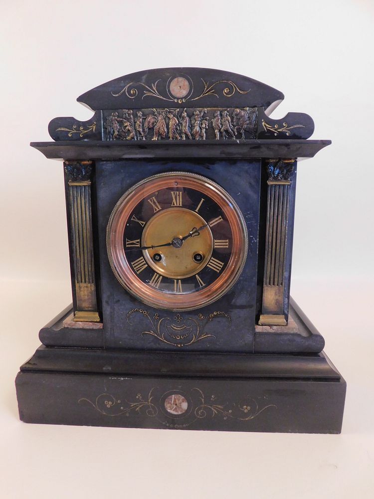 Appraisal: ANTIQUE FRENCH SLATE CLOCK th century French black slate classical