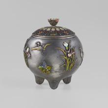 Appraisal: Japanese Covered vessel with irises and heron Meiji periodcloisonn enamel