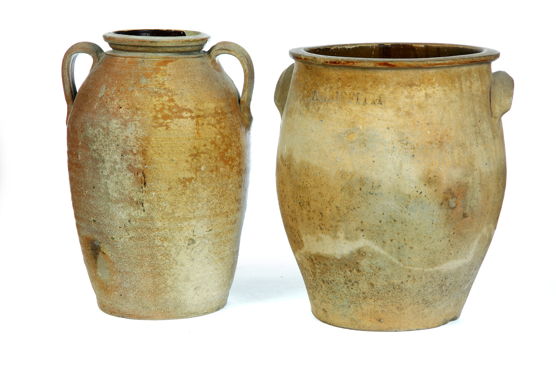 Appraisal: TWO DOUBLE-HANDLED MUSKINGUM COUNTY OHIO STONEWARE CROCKS Third quarter- th