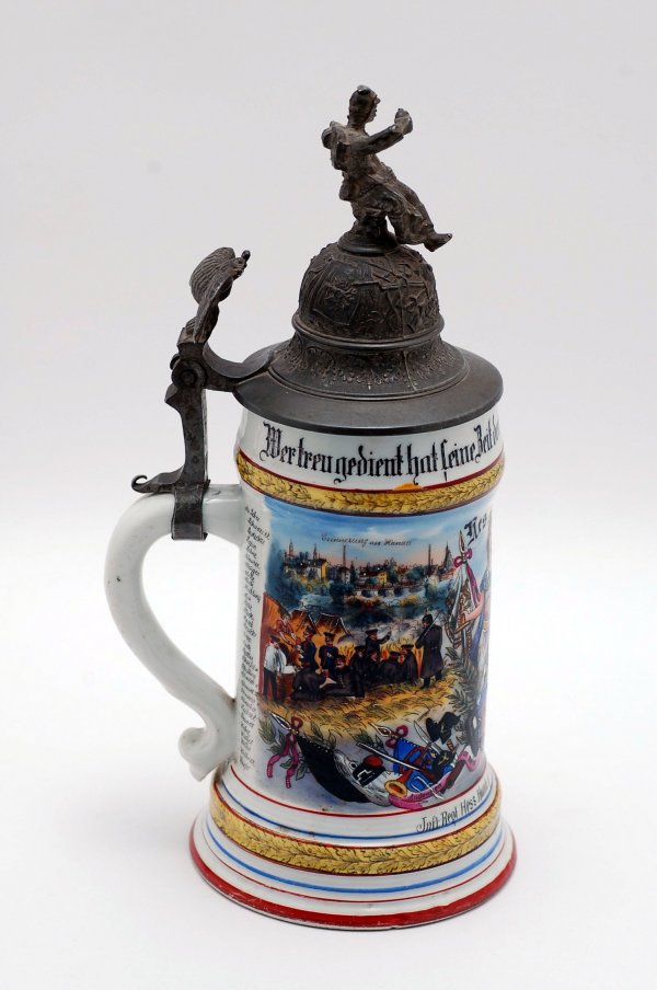 Appraisal: German Regimental stein with lithophane of Bavarian tavern scene in