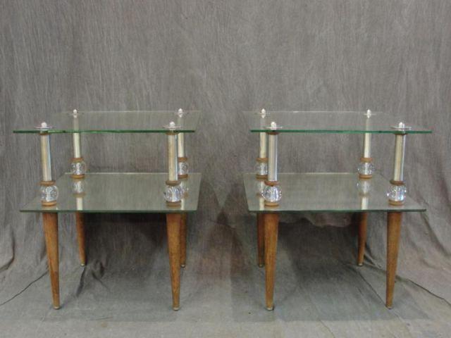 Appraisal: Pair of Tier Glass and Wood Midcentury Side Tables From