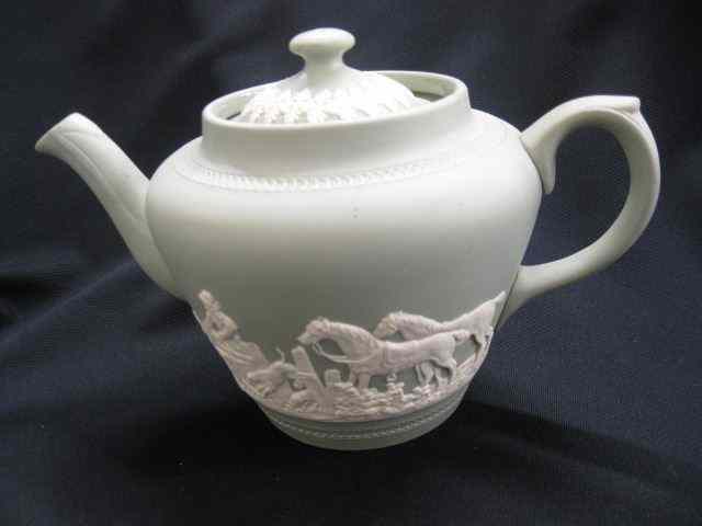 Appraisal: Dudson Jasperware Pottery Fox Hunt Teapot green - '' tall