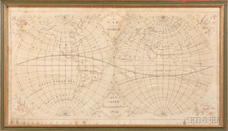 Appraisal: English Schoolgirl Silk Needlework Projection Map of the World c